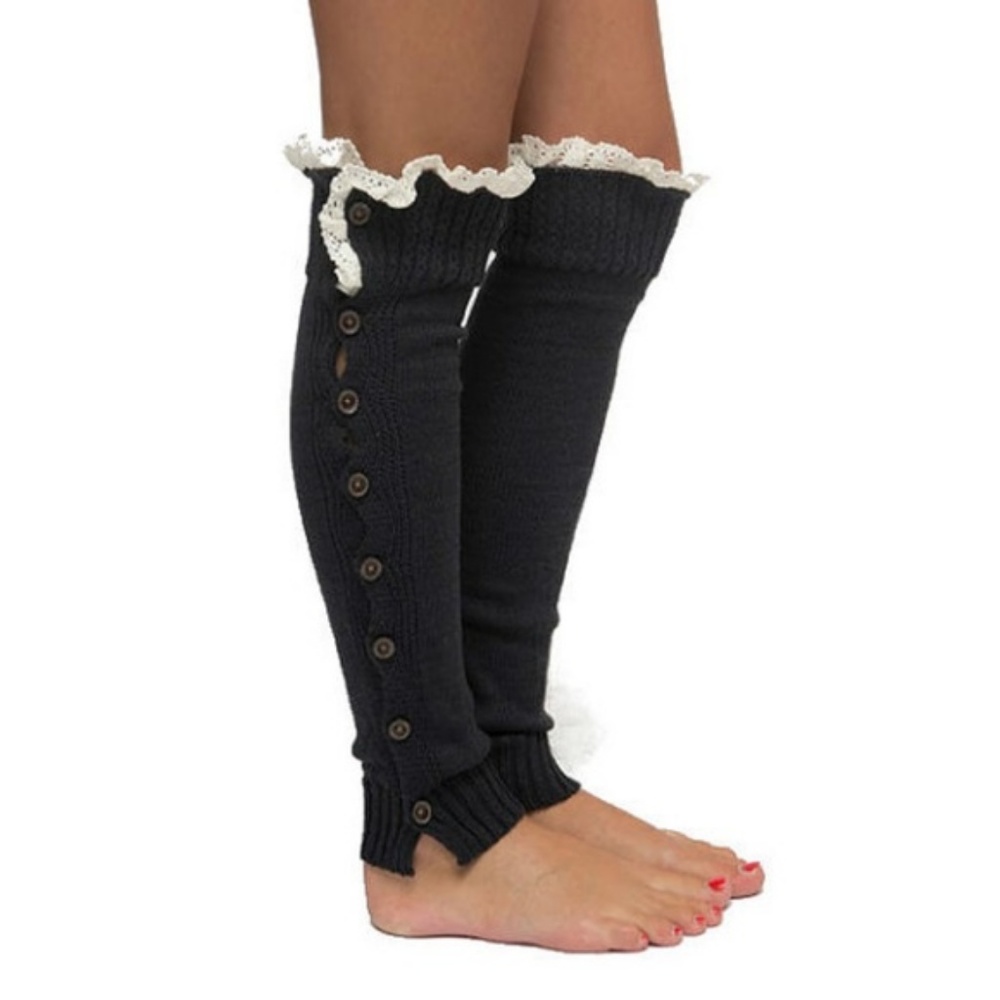 Dark Grey Button Lace Top Leg Warmers